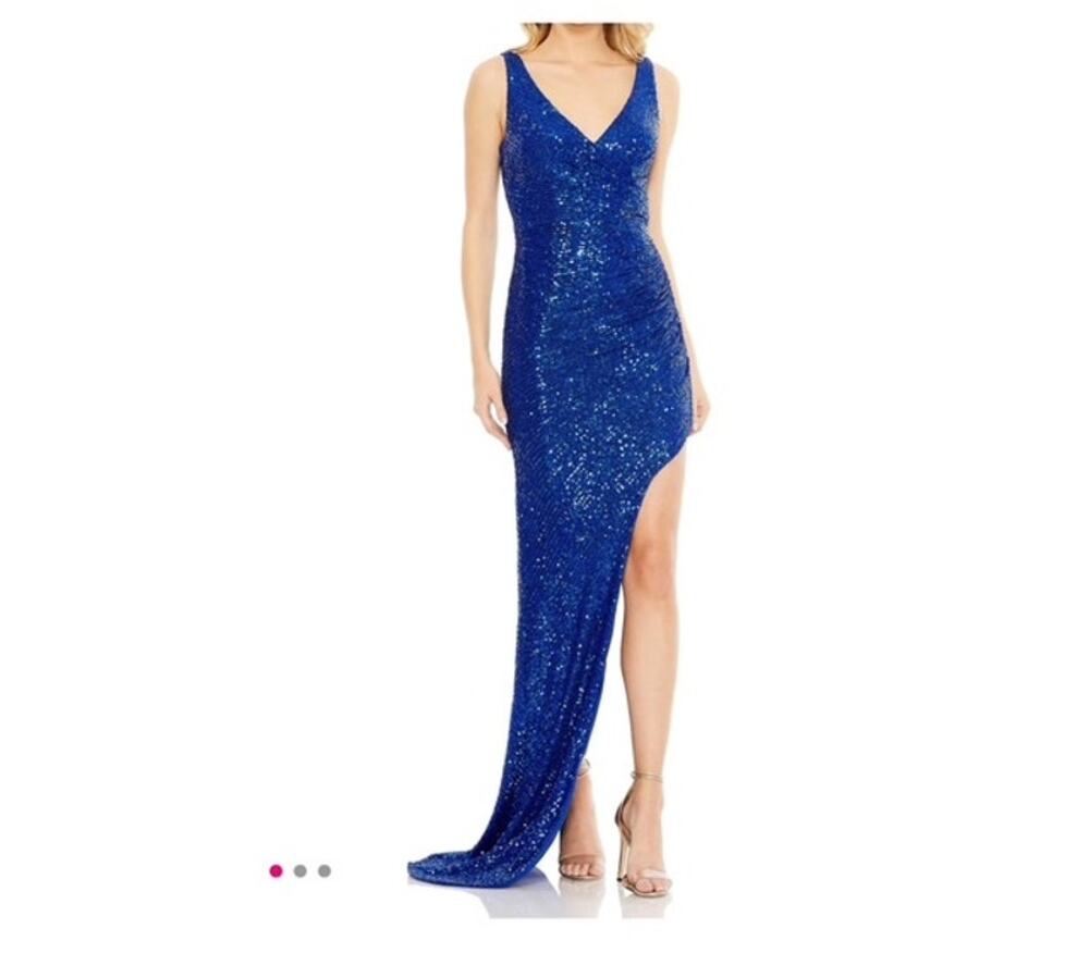 NWT Mac Duggal IEENA Sequined Draped Faux Wrap Asymmetrical Hem Gown